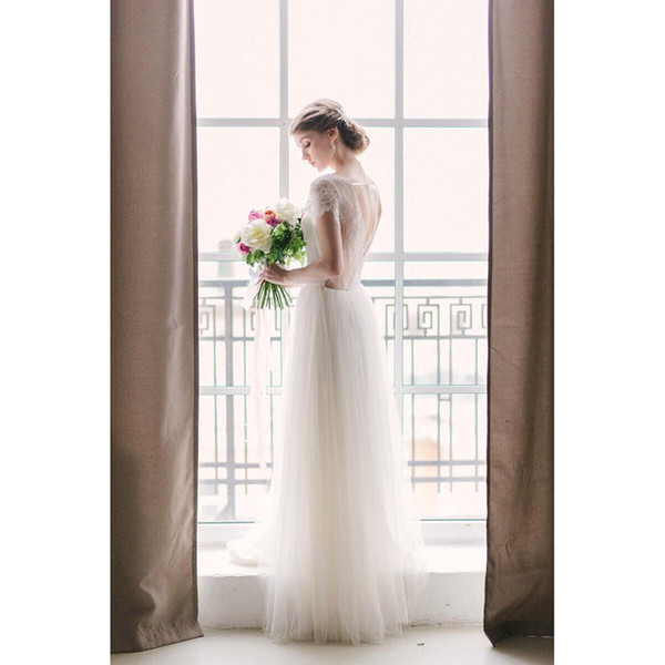 Ivory Simple Sheath Scoop Lace Illusion Capped Sleeve Bridal Gowns Sexy Open Back Floor Length Wedding Dress