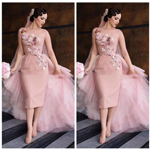 Sheer Blush Pink Wedding Dresses Sheath Half Sleeves Handmade Flowers Tulle Sheath Tea Length Vintage Short Bridal Gowns Tulle Train