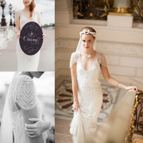 Romantic Casual Style Lace Sheath Wedding Dresses Cap Sleeves Sheer V-neck Sweep Train Beaded SEQUINS Sexy Bodice Bohemian Bridal Gowns