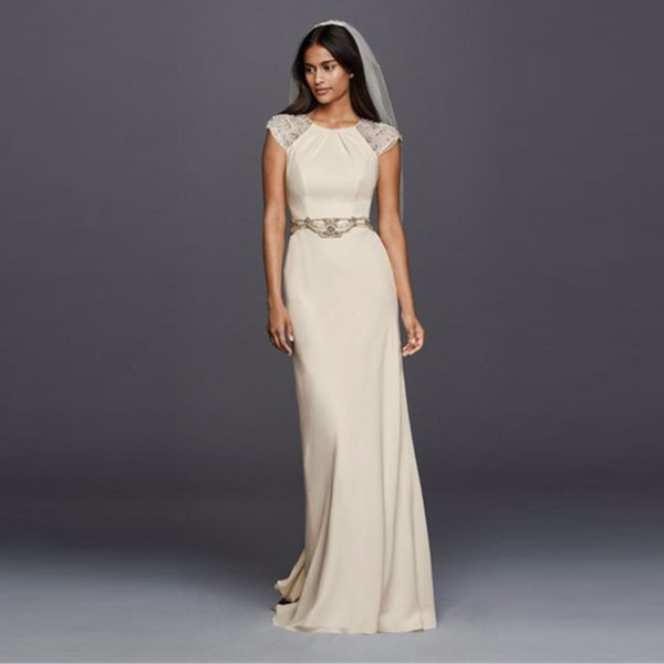 Elegant Beading Cap Sleeved Crepe Sheath Wedding Dress Crystal Elastic Satin Court Train Bridal Gowns JP341608