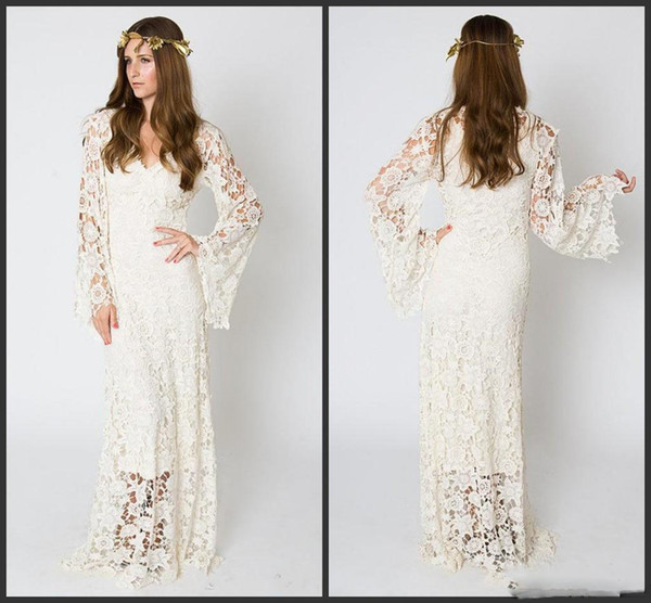 vestido de novia Lace Wedding Dresses Beach V Neck Illusion Long Sleeve Floor Length Plus Size Sheath Bohemian robe Wedding Bridal Gowns