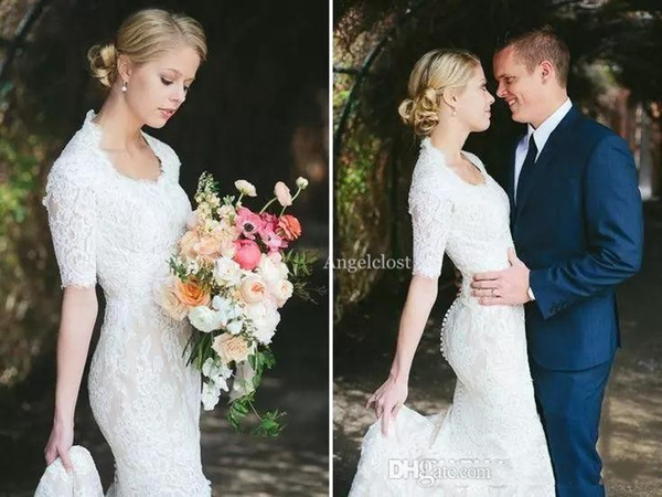 Country Beach Full Lace Wedding Dresses Jewel Short Sleeve Sweep Train Appliques Garden Bridal Gowns Robes De Mariée Customized
