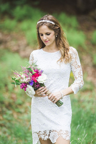Noiva Short Wedding Dresses Lace Long Sleeves Country Mini Bridal Gowns Zipper Back Customized Beach Robe De Mariee