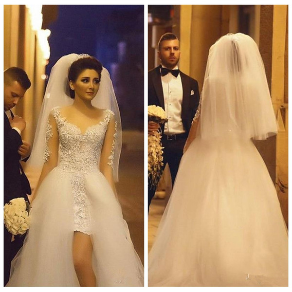 Sheer Long Sleeves Sheath Wedding Dresses Modest With Detachable Train Long Bridal Gowns Long Sleeves Modest Vestidos De Marriage