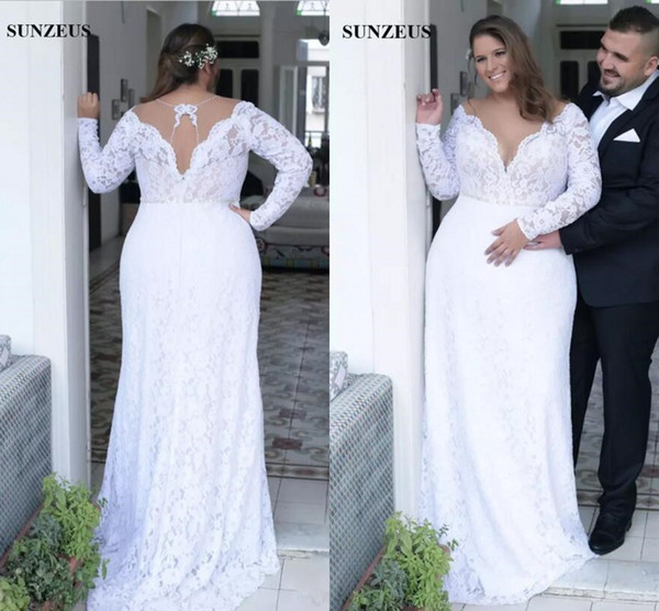 Modest Plus Size Sheath Wedding Dresses Full Lace Long Sleeves Deep V-neck Bridal Gowns Custom Made vestidos de novia