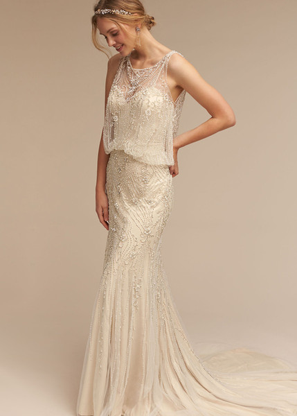 Luxury 2017 Champagne Sheath Beaded Wedding Dresses With Scoop Neck Covered Button Back Fitted Crysatal Wedding Dress Cheap Bridal Gowns