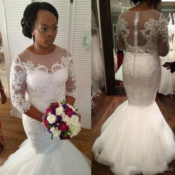 African Mermaid Wedding Dresses with Sheer Crew Neck 3/4 Long Sleeves Bridal Gowns Appliques Covered Vestios De Novia