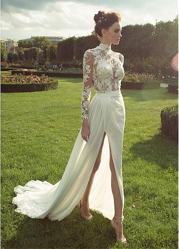 Glamorous Tulle & Satin Illusion High Neckline See-through Sheath Wedding Dresses With Beaded Lace Appliques