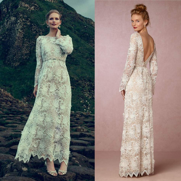 Bhldn 2017 Sheath Beach Wedding Dresses Long Sleeve Backless Full Lace Bridal Gowns Floor Length Crystal Vintage Cheap Wedding Dress