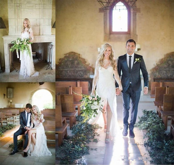 Front Split Wedding Dresses Long Sleeve Bateau Sweep Train Lace Garden Country Beach Bohemian Bridal Gowns robe de mariée Cheap