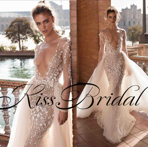 Winter Berta Bridal Gowns Sexy Illuison Long Sleeves Lace Sheath Wedding Dresses V Neck Backless Overskirt Formal Wedding Gowns