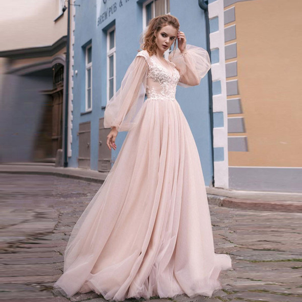 Romantic Blush Pink Wedding Gowns New Puffy Long Sleeve Hollow Back Lace Boho Bridal Gowns Sweep Train Vestido De Novia