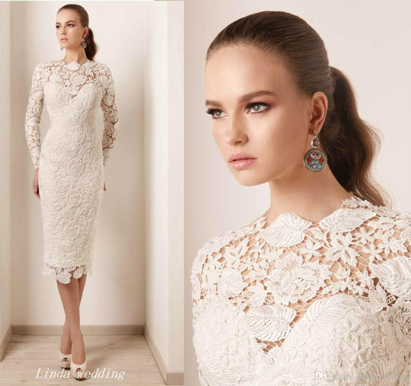 2017 Ivory Sheath Wedding Dresses With Long Sleeves Vintage Lace Bridal Party Gowns Plus Size vestidos de novia