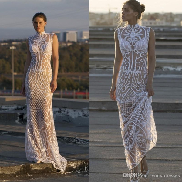 Vintage Nurit Hen 2017 Sheath Lace Wedding Dresses High Neck Sexy Illusion Appliqued Bridal Gowns Custom made Wedding Dress