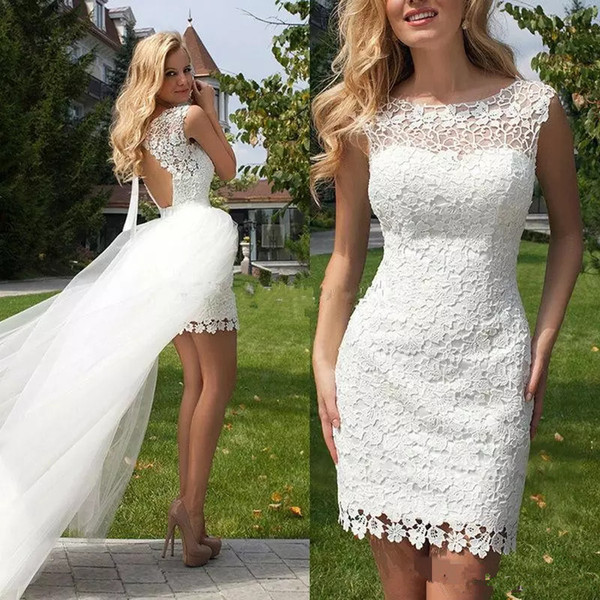 Simple Full Lace Wedding Dresses with Detachable Train New Backless Short Summer Beach Wedding Dresses Bridal Gowns Cheap