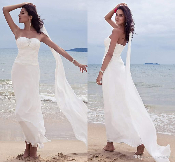 Summer Chiffon Beach Wedding Dresses with Sweetheart Beaded Sheath Ankle Length Pleated Backless Bridal Gowns vestido de novia