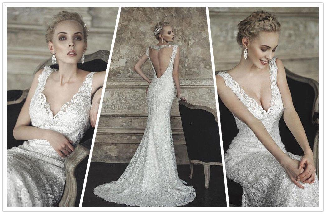 2014 New White Ivory Lace Deep V Neck Sleeves Sexy Backless With Long Lace Train Bridal Gown Wedding Dress