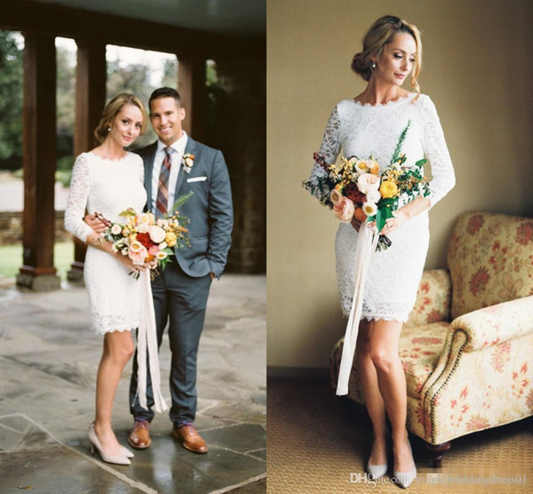 Elegant Long Sleeves Plus Size Short Wedding Dresses Full Lace Backless Vintage Bohemian Beach Bridal Wedding Gowns Custom Made Cheap