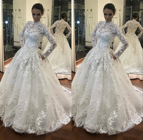 Modest High Neck Long Sleeve Lace Wedding Dresses Arabic Muslim A Line Bridal Gown vestido de novia BC1902