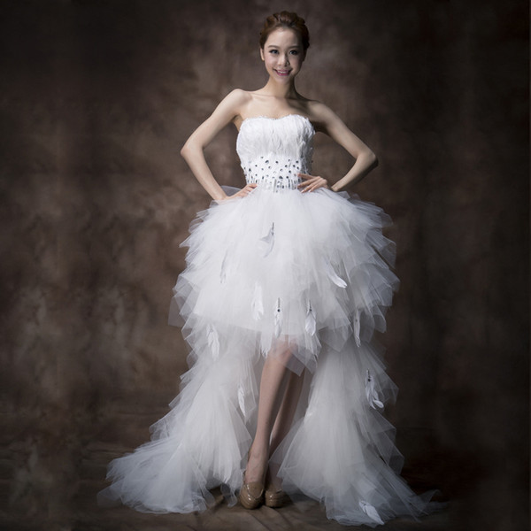 Popodion wedding gowns white feather wedding dress plus size short front long back gowns wedding decoration dhWED90011