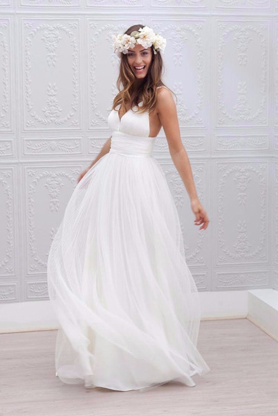 Beach Wedding Dresses Spaghetti Straps Pure White Ruched Tulle 2017 Wedding Dresses Simple Style Fairy Bridal Gowns