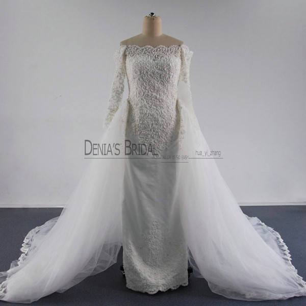 2016 Detachable Overskirts Wedding Dress Off Shoulder Beaded Applique Crystal over Satin Illusion Long Sleeves Chapel Train Bridal Gowns