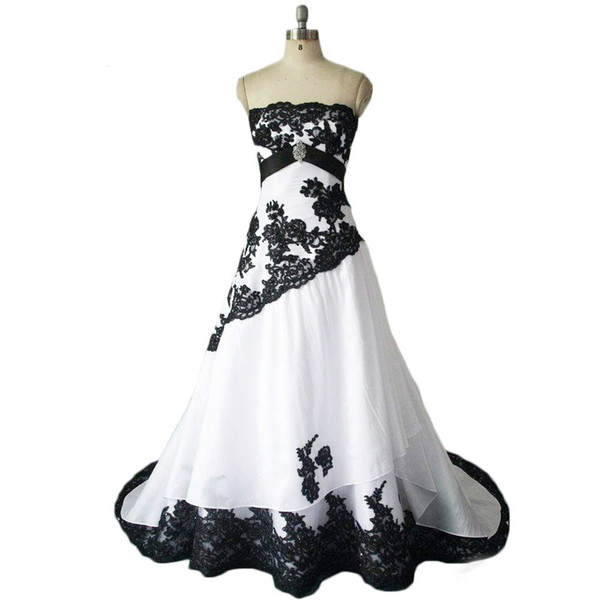 Black And White Wedding Dresses Real Photos Strapless Lace Appliques Lace Up Back Long Bridal Gowns Custom Made