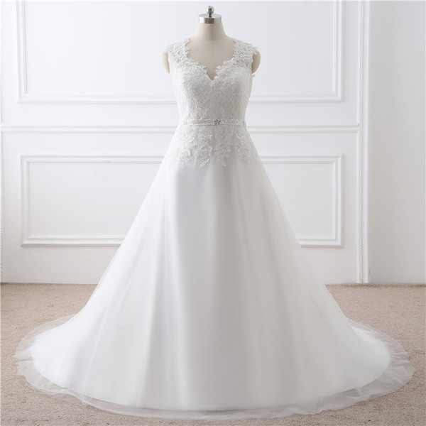 Simple Wedding Dresses V-neck Flat Shoulder Lace Waist Decorative Zipper Fake Buckle Trailing Bride Dresses