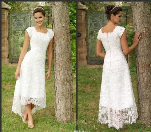 White Tea Length High Low Lace Wedding Dresses U Neck Cap Sleeves Modest Wedding Gowns Elegant Pleats Beach Bridal Gowns Custom Made