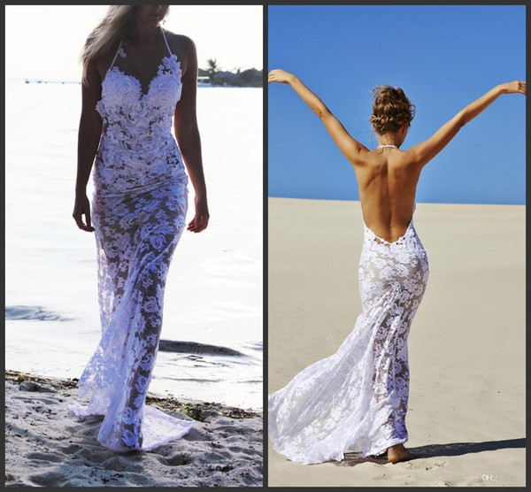 Sexy New Sea Beach Full Lace Sheath Wedding Dresses halter Wedding gowns white appliques open back Mermaid See Through Bridal Gowns 133