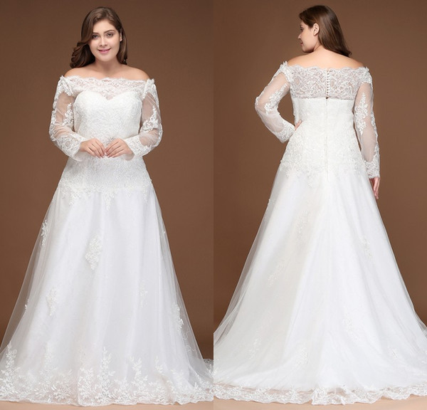 Plus Size Lace Wedding Dresses with Sheer Long Sleeves A Line Appliqued Beads Tulle Wedding Gowns CPS297