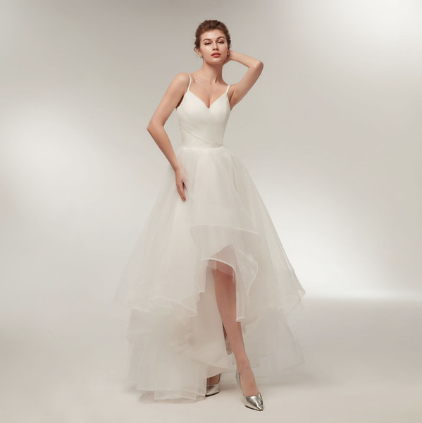 Elegant Summer Wedding Dresses With Straps Sexy V Neck Hi Lo Wedding Gown Bridal Dress Custom Made Tulle Dress