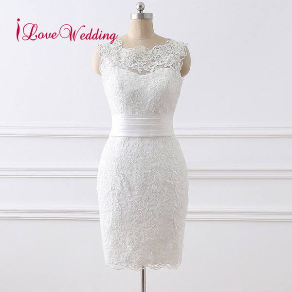 2018 New Fashion Short Wedding Dress Sleeveless Lace Applique Bridal Gown Cheap vestido de novia Wedding Dresses