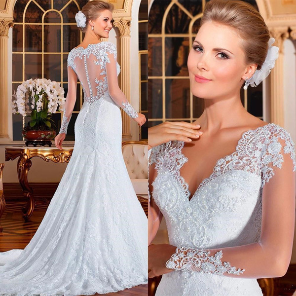 New Elegant V-neck Full Sleeves Lace Floor-Length Wedding Dresses Zipper Court Train Beading Mermaid Trumpet Vestidos De Novia