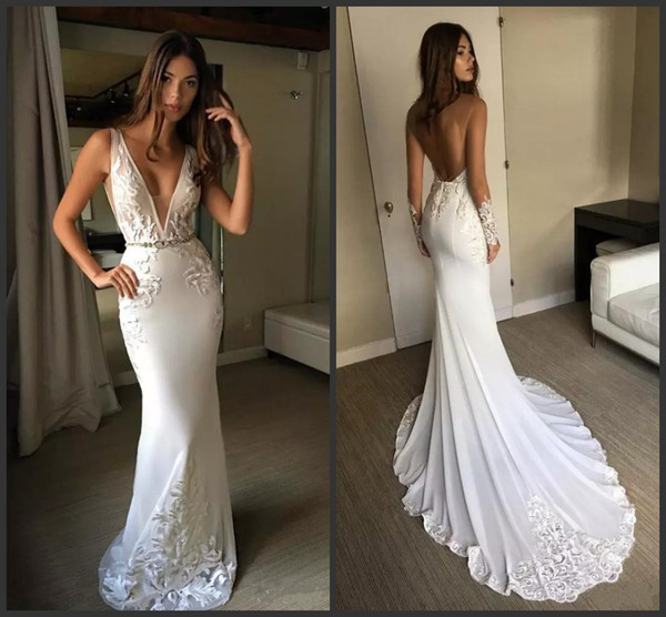 New Vintage Mermaid Wedding Dresses Berta Appliques V Neckline Sleeveless Sash Bridal Gowns Custom Made Backless Wedding Dress