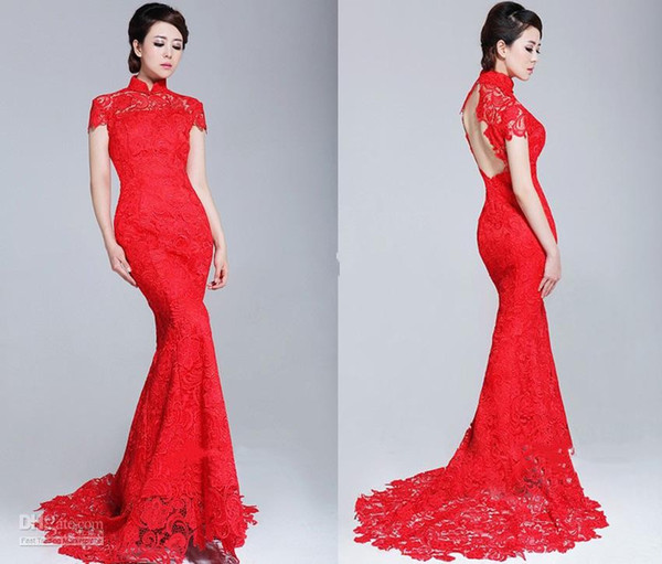 Modest Custom 2015 A-Line Red High Colar Short Sleeves Open Back Lace Sheath Cheongsam Wedding Dresses Classic beauty party dresses