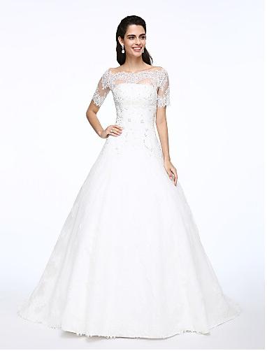 A-Line / Two Piece Bateau Neck Court Train Lace / Satin Wedding Dresses with Beading / Appliques