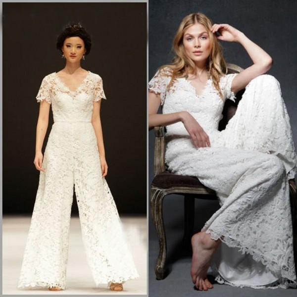 2017 New Arrival Wedding Pants Suit Full Lace Sheer V Neck Short Sleeves Unique Bridal Gowns Brides Formal Wear for Weddigns High Quality