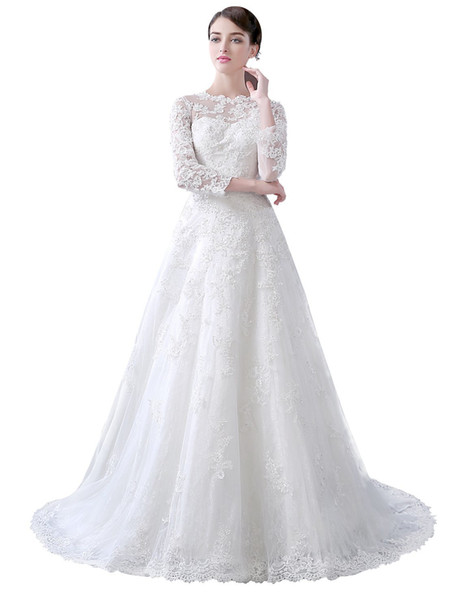 Jewel Neck A-line Chapel Train Wedding Dresses 3/4 Long Sleeves Lace Appliques Wedding Gowns Button Sheer Back Vestido de Novia Bridal