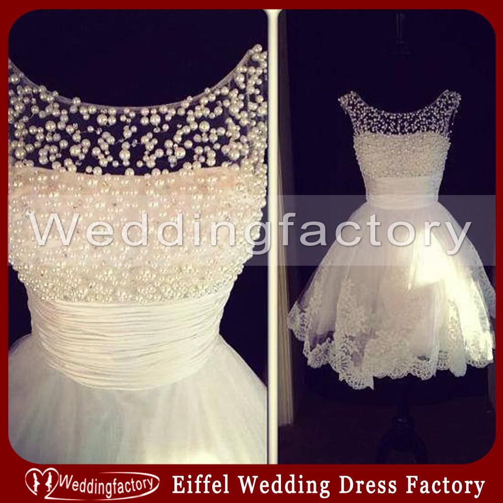 Hot Sale Casual Short Bridal Dresses Real Sample Wedding Dress Ivory Lace Appliques Beaded Sheer Neck Formal Party Gowns Exquisite Pearls