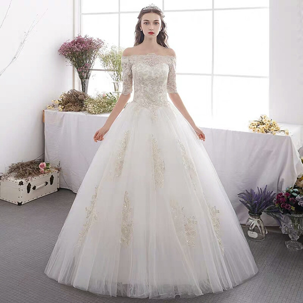 2019 Latest Princess Tulle French Floor Length Off Shoulder Bridal Gown