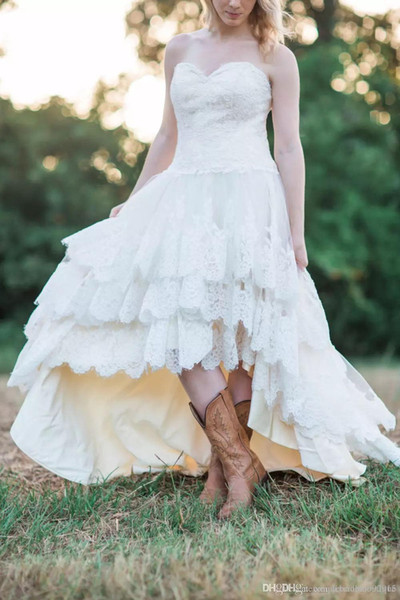 Sleeveless Sweetheart High Low Lace Wedding Dress Gown with Tiered Appliques Trim Corset Country Bridal Dress Plus Size