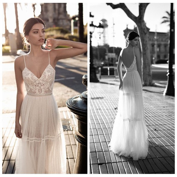 Romantic Spaghetti Straps Bohemian Wedding Dresses Vestidos de Novia Custom Made Backless Beach Bridal Gown