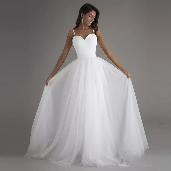 Spaghetti Straps Satin Tulle Beach Wedding Dress Summer Wedding Gown Sexy Bride Dress White Ivory