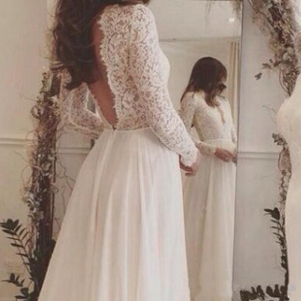 New Long Sleeves Sweep Train Backless Country Bridal Gowns Deep V Neck Custom Cheap 2017 Charming Lace Chiffon Beach Wedding Dresses