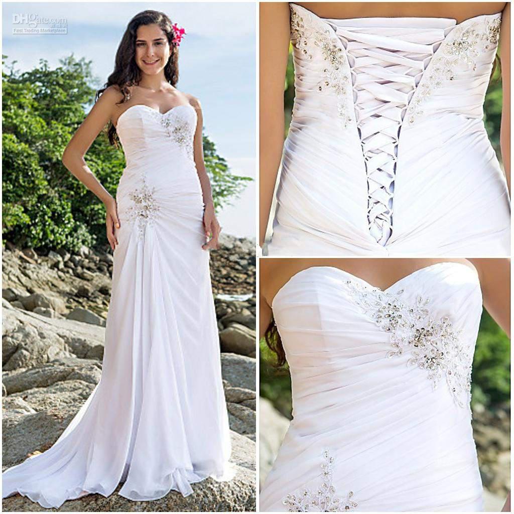 2014 new design white chiffon summer beach wedding dresses sweetheart beads ruffle lace-up sweep train backless sheath summer dress hot new