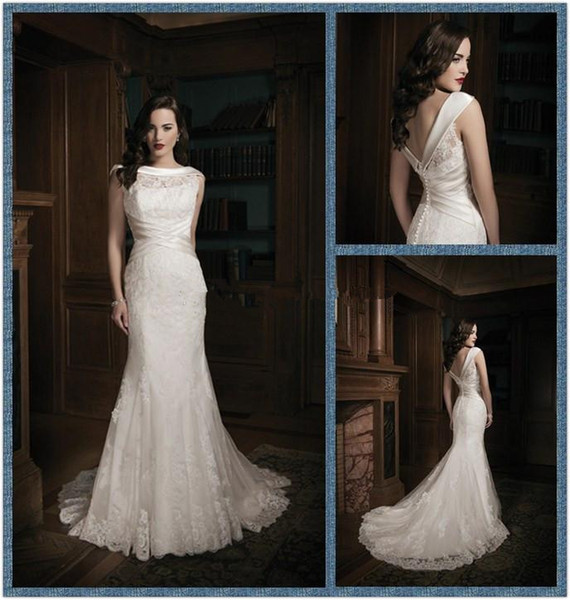 2015 Custom Made White/Ivory Bateau Neckline Mermaid Style With Backless Lace Applique Wedding Dress WD20150128014