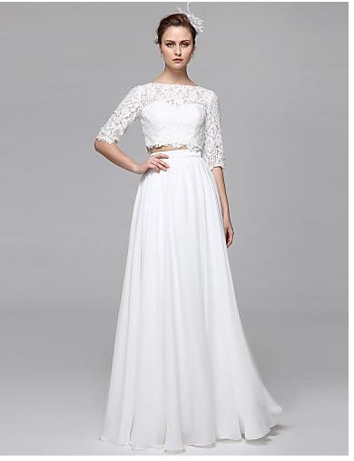 A-Line / Two Piece Bateau Neck Floor Length Chiffon / Corded Lace Made-To-Measure Wedding Dresses with Appliques