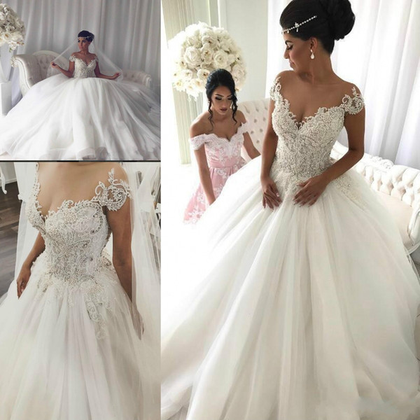 Luxury Lace Applique Tulle Pearl V-Neck Off-Shoulder Wedding Dress Ball Gown Beaded Sleeveless Church Vintage Bridal Gowns 