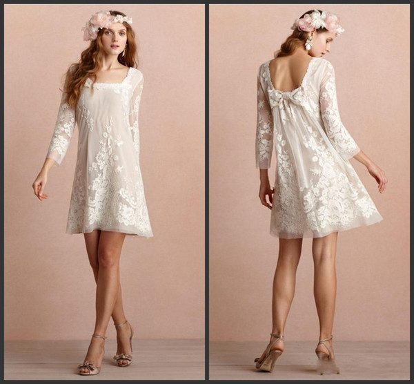 New Mini Short Wedding Dresses Square Neckline Long Sleeves Backless Wedding Dress Appliqued Lace Beach Bridal Gowns 552